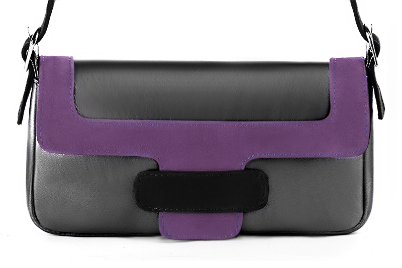 Dark silver, amethyst purple and matt black women's dress handbag, matching pumps and belts. Profile view - Florence KOOIJMAN
